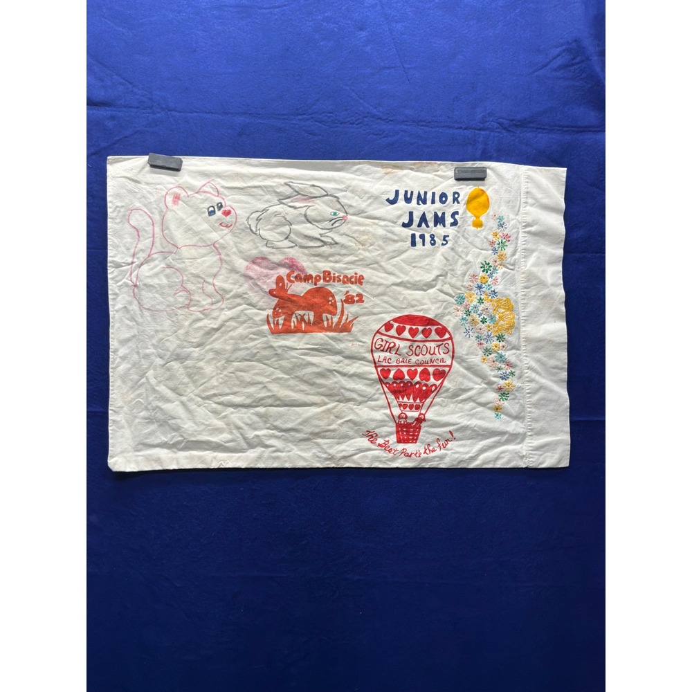 Vintage 80s Kids Girl Scouts Pillowcase Standard White Junior Jams 1985